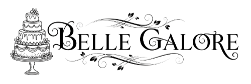 Logo for 'Belle Galore' with a cake illustration on a white background